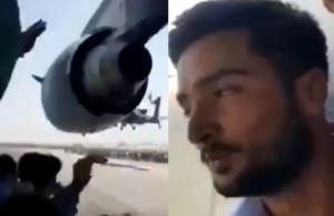 Afghaan filmt zichzelf terwijl hij zich aan opstijgend vliegtuig probeert vast te houden! Vliegtuig