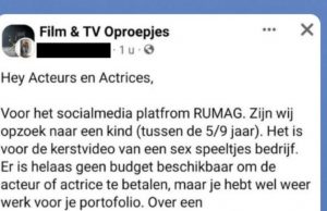 RUMAG-stagiair plaatst oproep: ‘Kind gezocht voor spotje met volwassene-speeltjes’ RUMAG