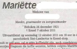 Rouwadvertentie: Mariëtte haalt nog even uit naar mensen die nooit langskwamen! Rouwadvertentie