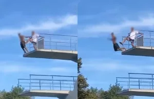 Badmeester is klierende snotneus op 10 meter hoge duikplank zat, maar dat gaat mis! Badmeester