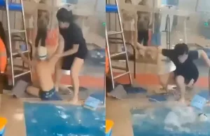 Woedende reacties door badjuf die doodsbang jochie het water in smijt en trapt! Badjuf