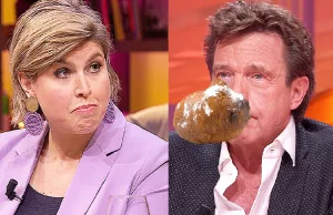 Woeste Angela de Jong drukt oliebol in het gezicht van John de Mol: ‘Walgelijk!’ Angela de Jong