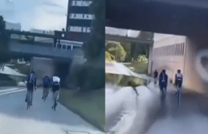 Wielrenners houden weg bezet, automobilist neemt ze snoeihard te grazen! Wielrenners