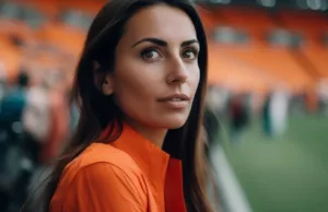 Oranjesupporter in oranje bikini zorgt voor nieuwe energie voor Oranje Legioen! Oranjesupporter