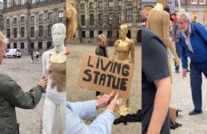 Gasten verdienen fortuin met etalage pop als ‘levend standbeeld’ op de Dam! Levend Standbeeld