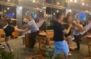 Uitsmijter geeft snoeiharde vlakke hand aan dame die hem trapt! Uitsmijter