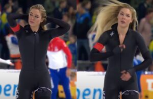 Oeps: Jutta Leerdam ritst schaatspak nét iets te ver open na schaatswedstrijd! Jutta Leerdam