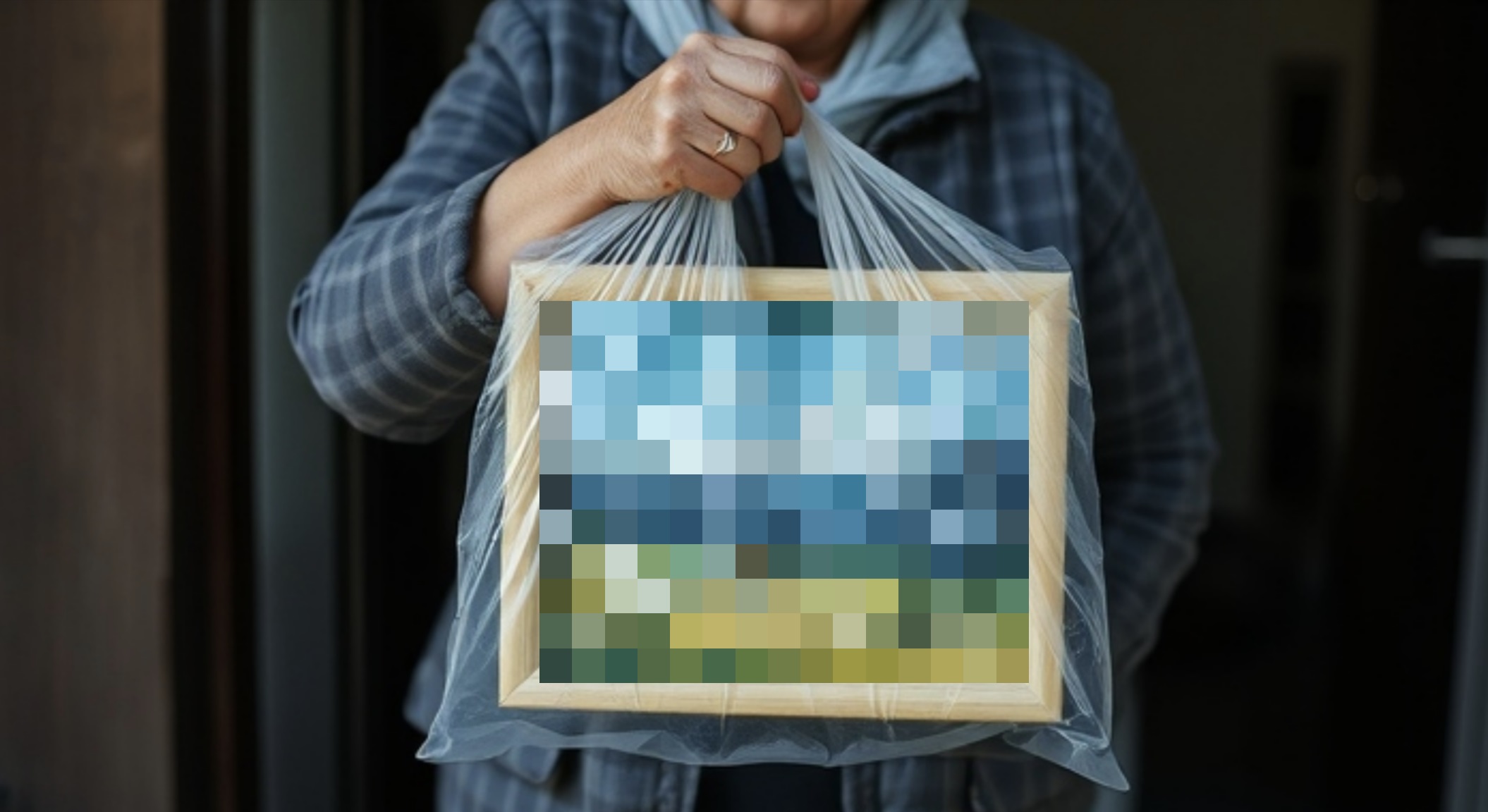 Vrouw komt met schilderijtje in plastic tas naar Tussen Kunst en Kitsch