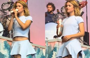 De korte rok van Pommelien Thijs en een flinke windvlaag gaan niet goed samen! Pommelien Thijs