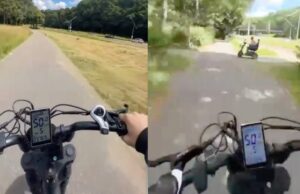 Ongelooflijke droeftoeter op een fatbike knalt met 50 km/u tegen een invalidekarretje Fatbike