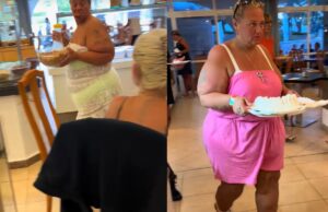 Mevrouw in All Inclusive-hotel laat zien hoe je waar voor je geld krijgt