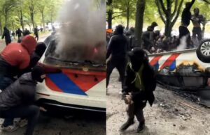 Protest op malieveld wordt complete veldslag: Politieauto’s in brand gestoken