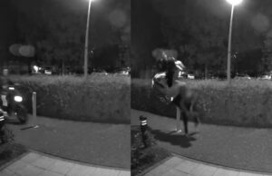 Gasten op fatbike op de stoep zien paaltje over het hoofd en maken salto