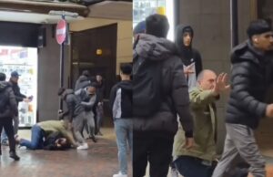 Video op sociale media van man die jongen redt van kopschoppende groep