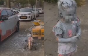 Noëlla heeft tijdens het buitenspelen de emmers stucpasta gevonden en de auto van de buurman een opknapbeurt gegeven