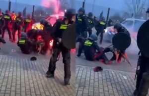 Politiehond grijpt tijdens rellen in Almelo agent in de arm en laat niet meer los