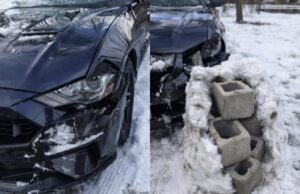 Automobilist rijdt moedwillig sneeuwpop kapot, sneeuwpop zit vol met zware bakstenen