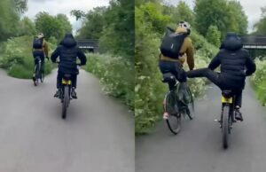 Fatbiker laat zichzelf filmen terwijl hij onschuldige mensen van hun fiets trapt