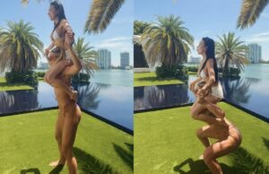 Jutta Leerdam in bikini doet even wat squats met een vriendin in haar nek