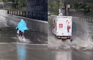 Oudere man in poncho trotseert ondergelopen tunnel, Picnic-autootje heeft schijt aan hem