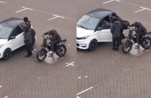 Bizarre beelden: Fatbike-jeugd probeert jongedame uit geparkeerde auto te halen
