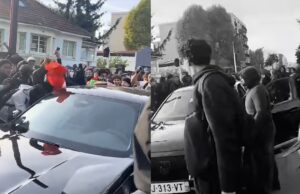 Franse relschoppers beginnen langsrijdende auto te slopen, maar dan stapt de bestuurder uit