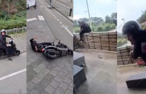 Willem heeft ruzie met vrouw op balkon, valt met scooter, wordt uitgelachen, klimt op balkon en slaat ramen in